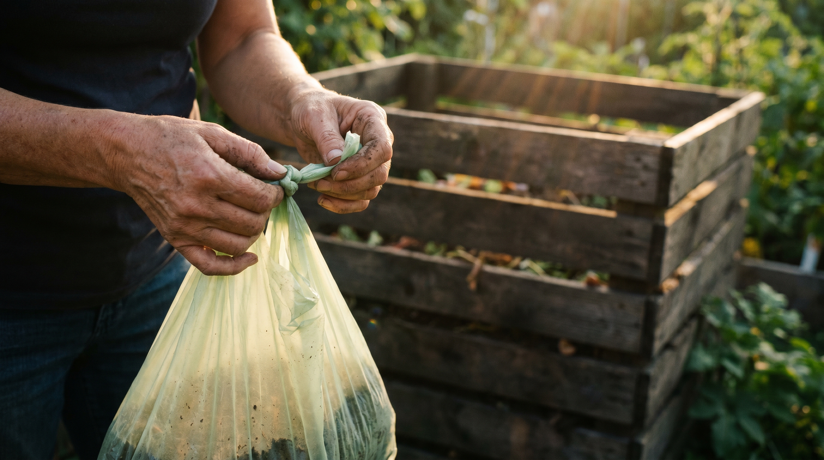 Hands tying a compostable dog poop bag in a backyard garden with a home compost bin visible behind