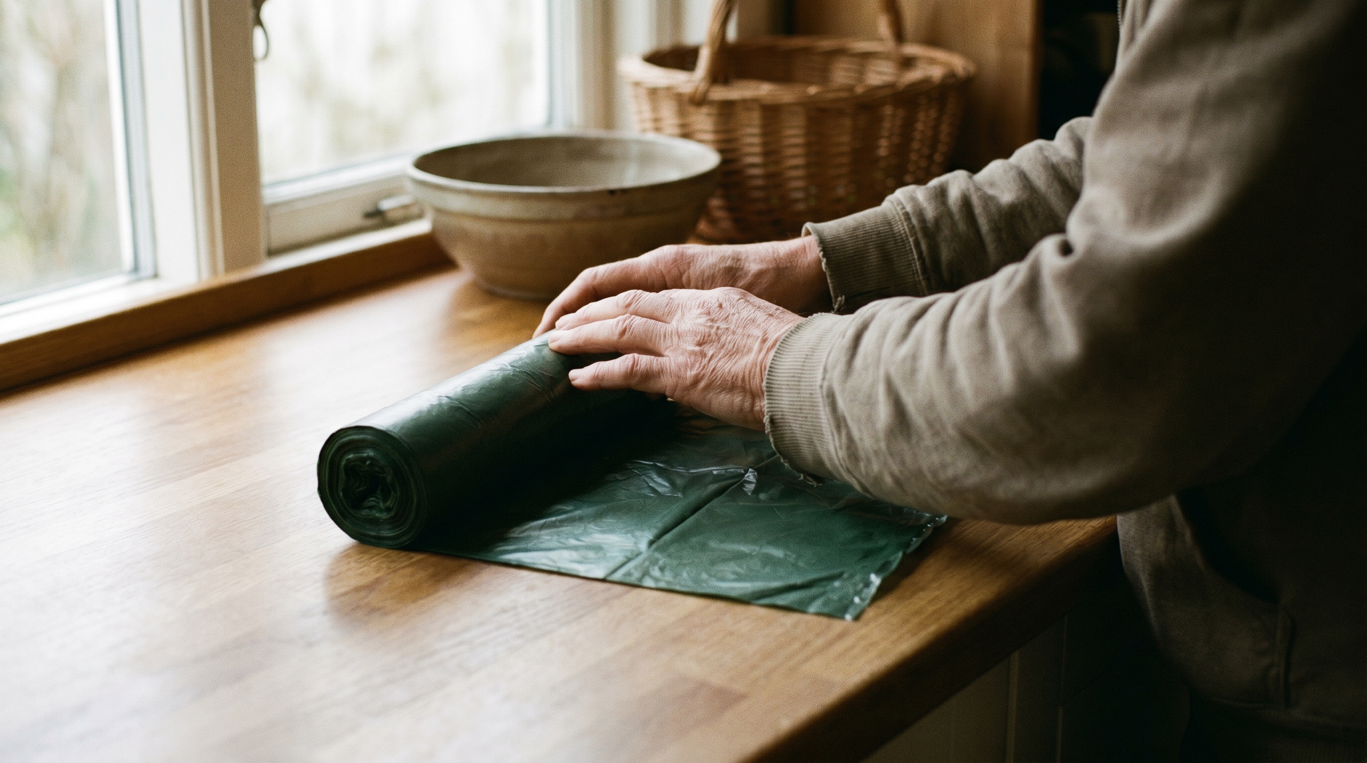 Person's hands examining an unbranded green roll of pet waste bags on a kitchen counter in natural light