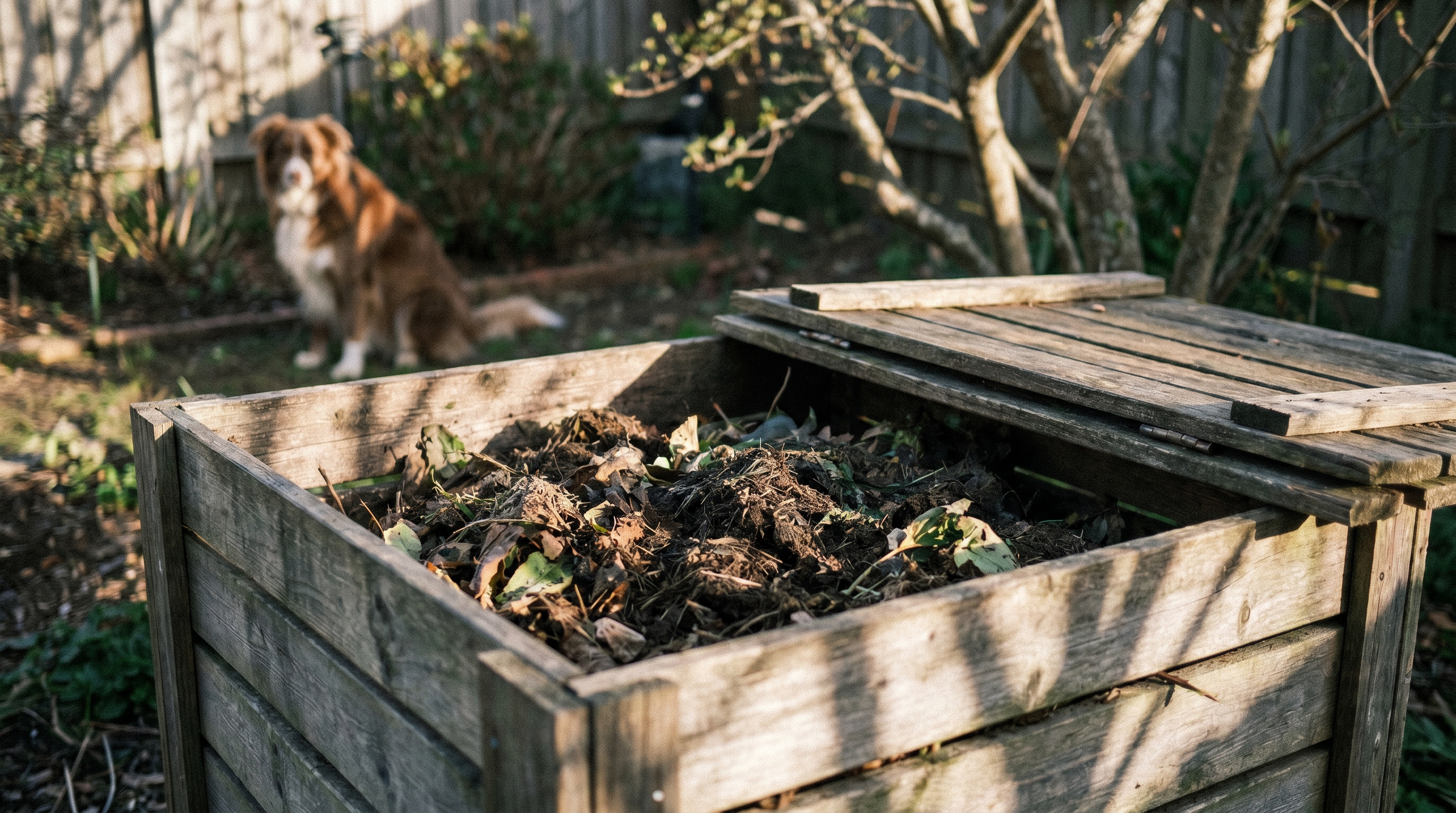 Open wooden backyard compost bin with dark organic matter decomposing, dog visible in blurred garden background
