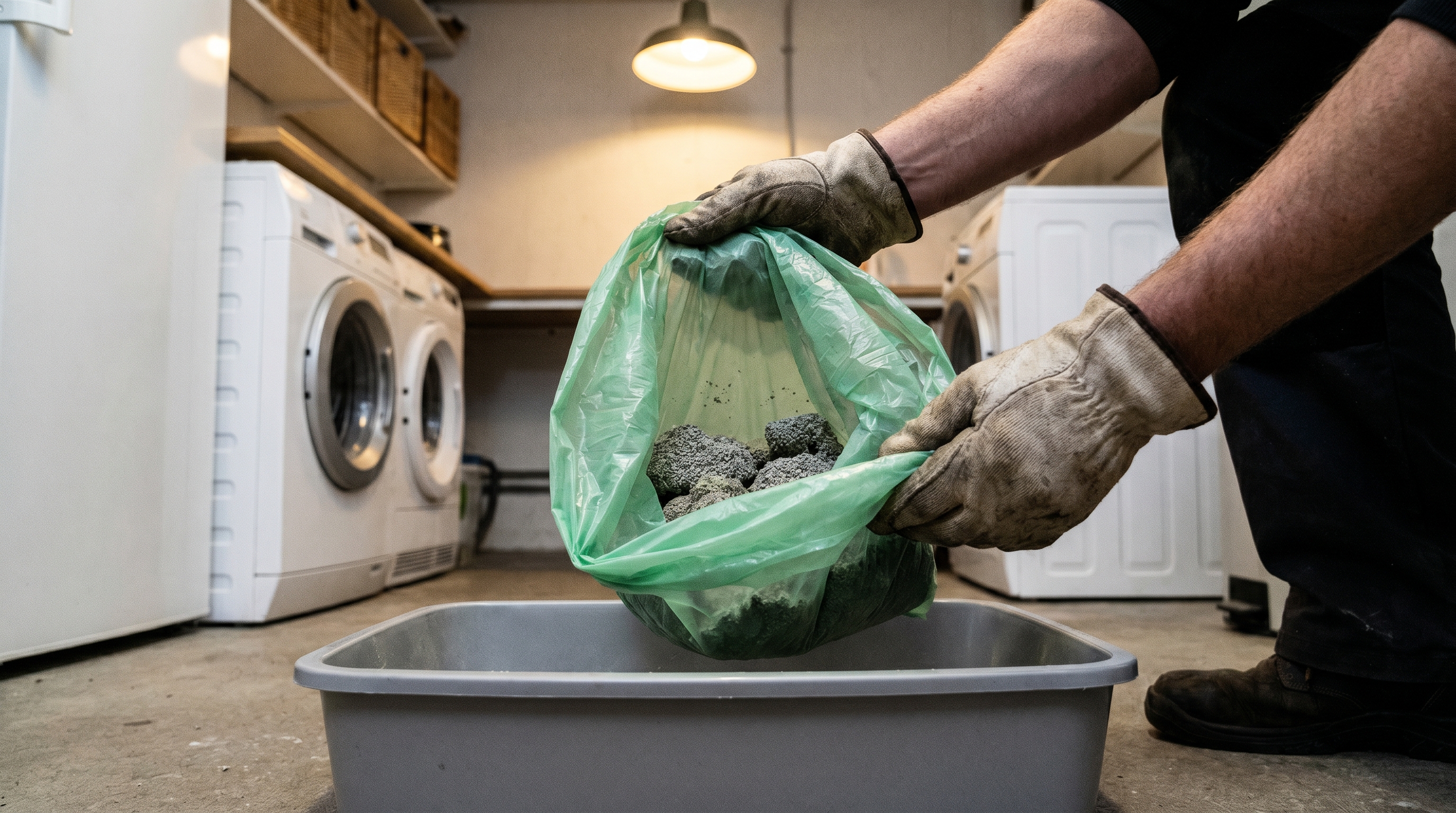 Hands holding a compostable bag over a cat litter box in a laundry room, clumped litter visible inside