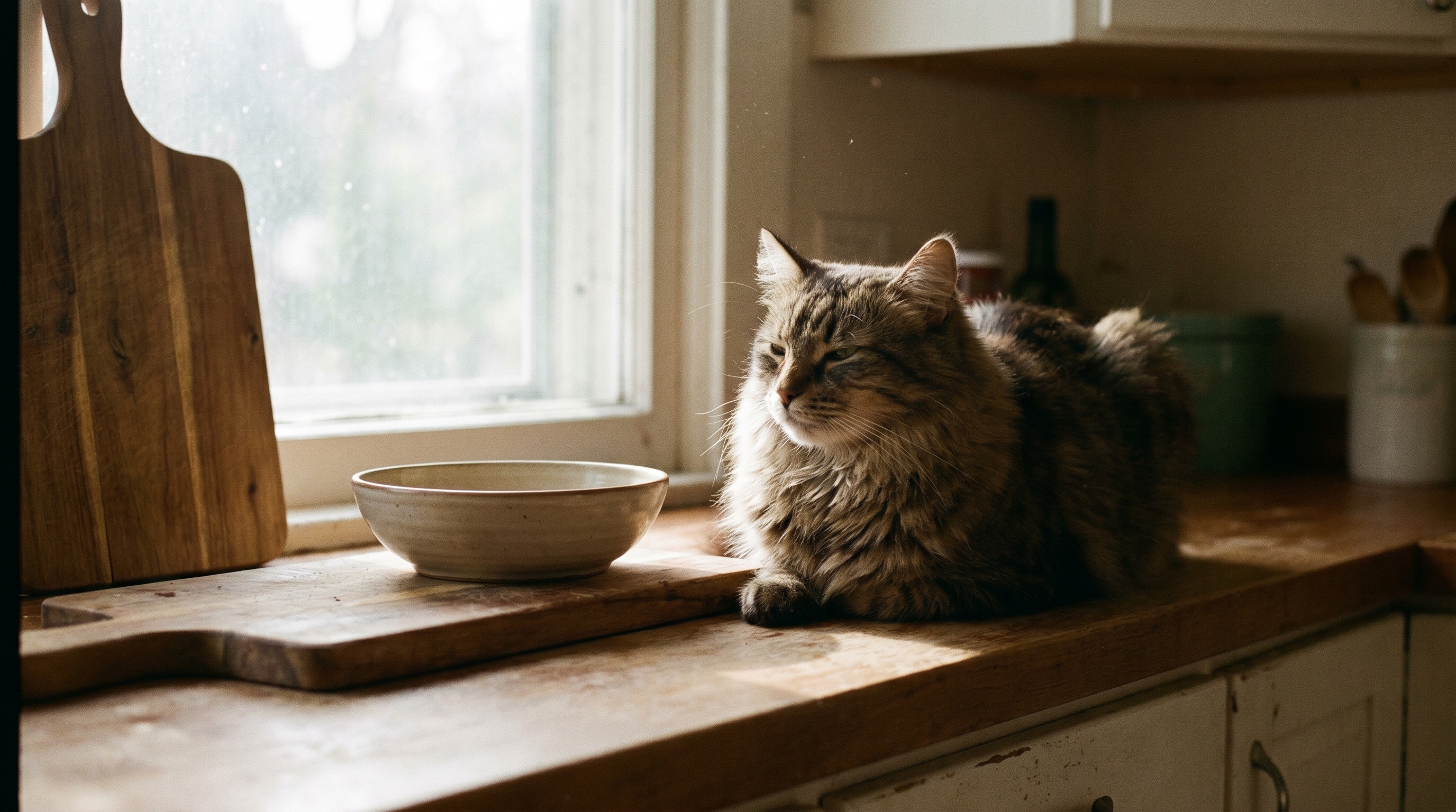 Long-haired tabby cat sitting relaxed on kitchen counter after gentle grooming with cat wipes