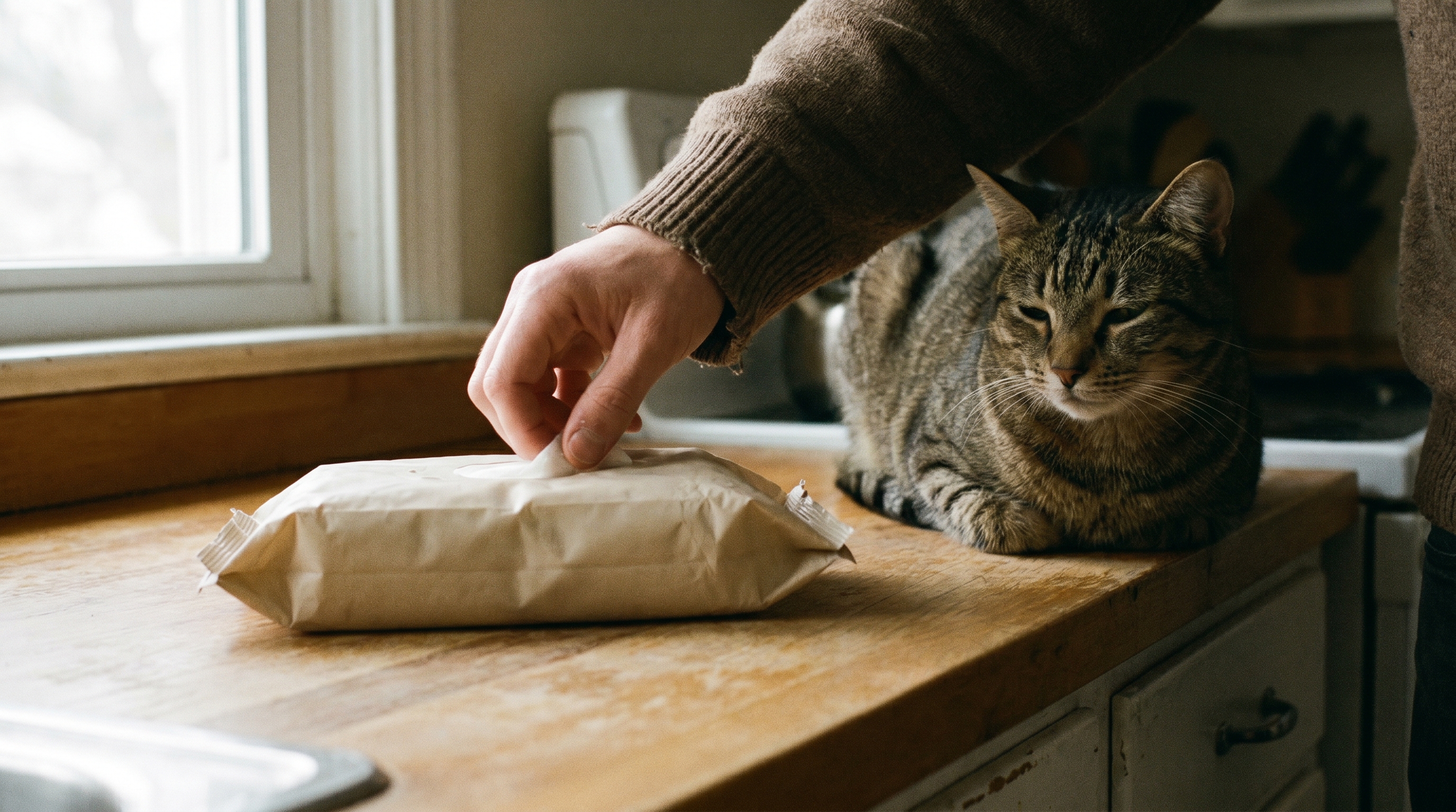 Cat owner examining the back of an unbranded wipe pack while a short-haired cat waits on the counter