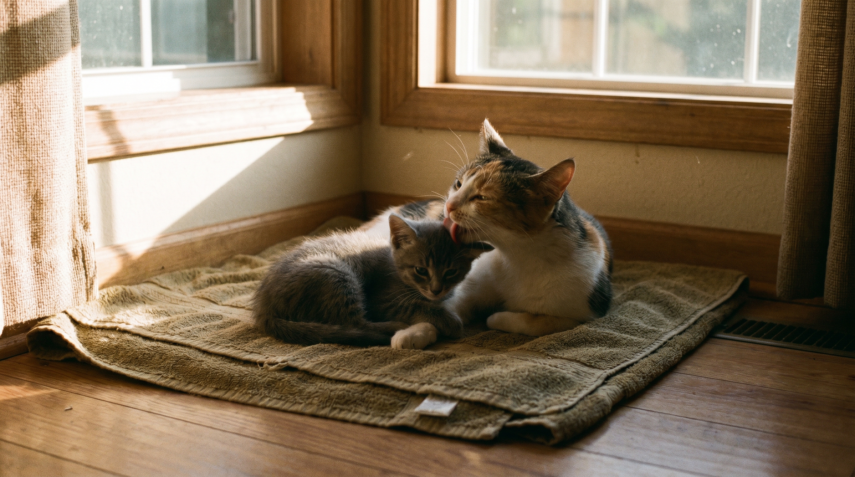 A young kitten curled against its mother cat on a folded towel, the mother cat mid-groom
