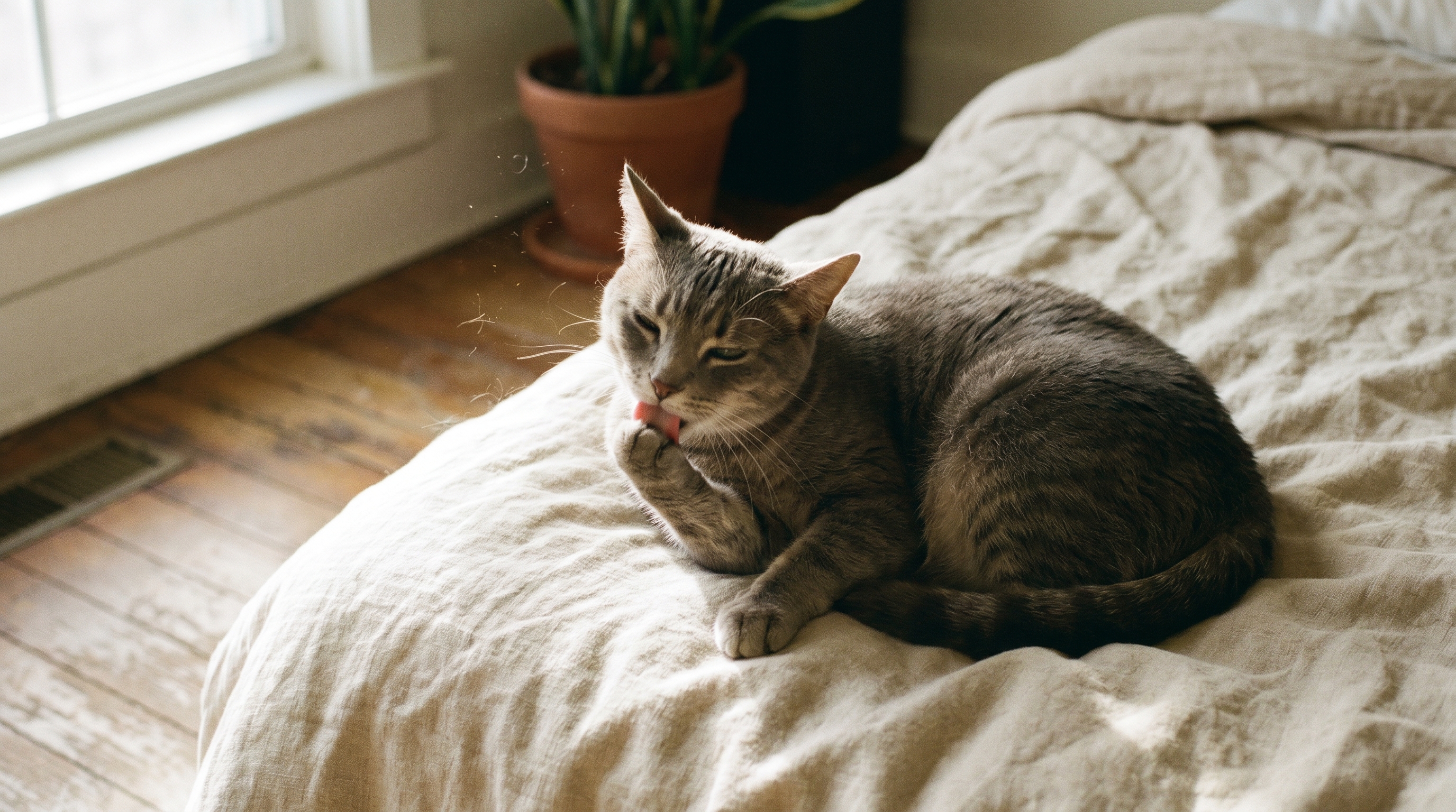 Grey tabby cat licking its front paw on a cream blanket after a natural cat wipe clean-up